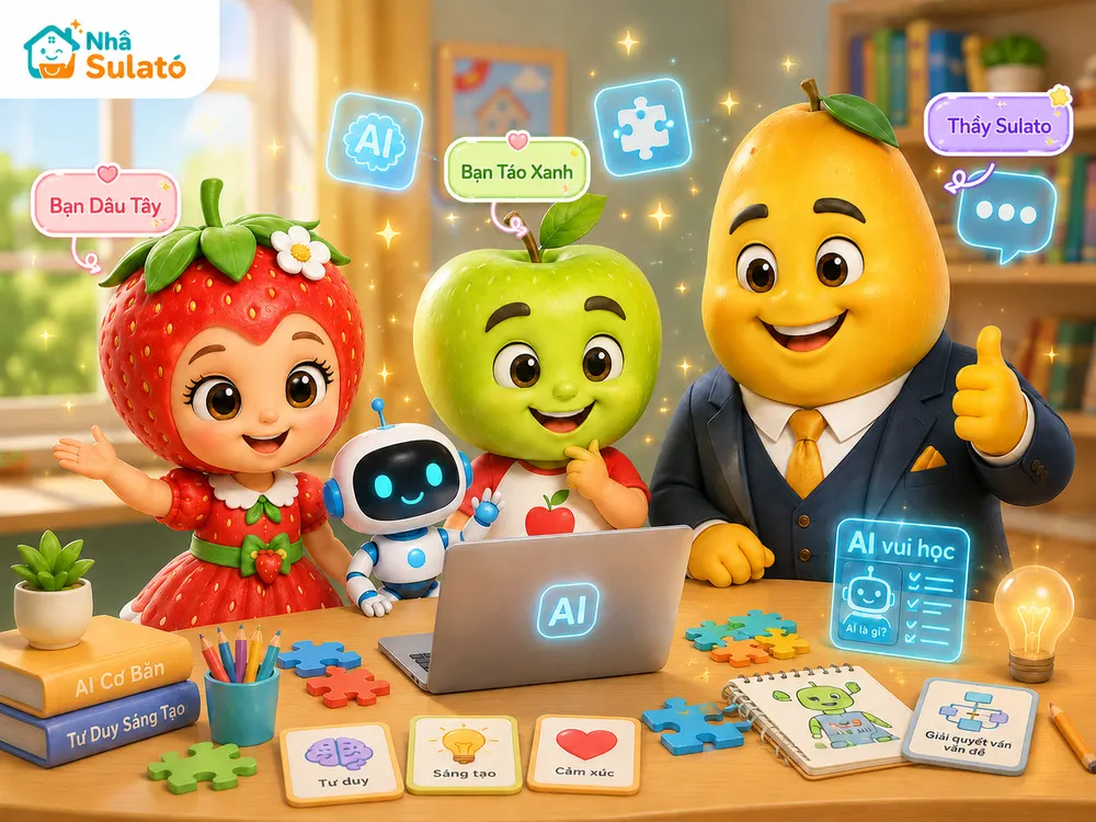 Thầy Sulato, Bạn Dâu Tây và Bạn Táo Xanh cùng khám phá AI4Kids Kids